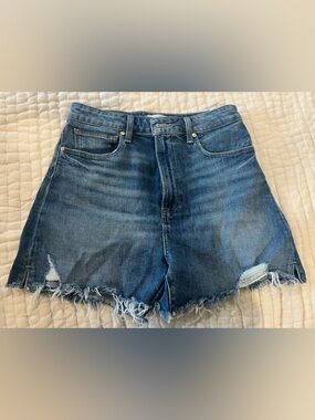 PAIGE Raw Hem Distressed Denim Shorts - Blue Wash
